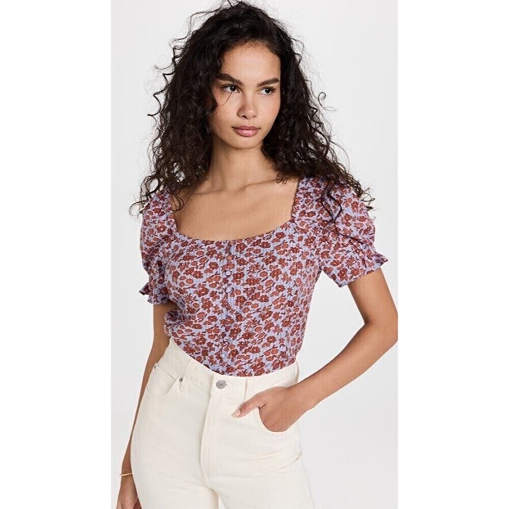 Madewell Womens Button-Front Smocked-Back Puff Sleeve Top Piccola Floral Size 12